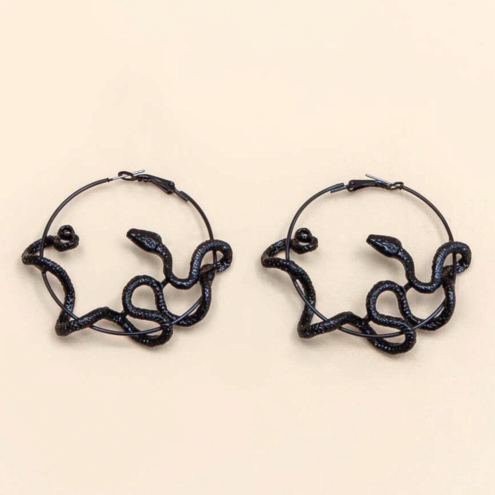 Any 2/$20! Black Coiled Serpent Hoop Earrings - Picture 4 of 10